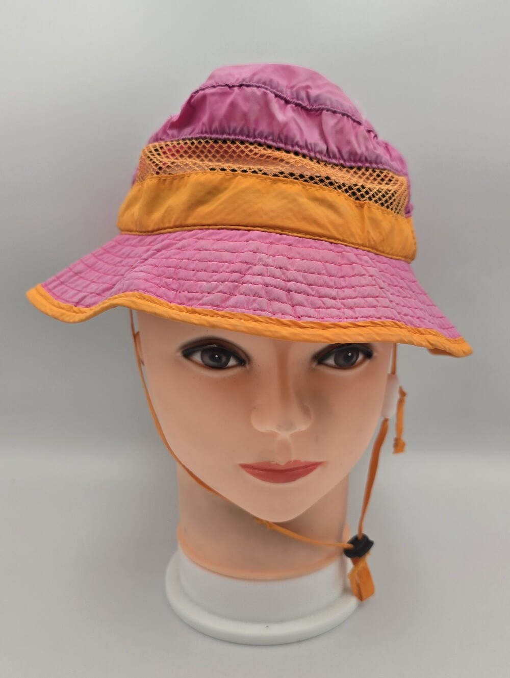 Girls Panama Jack Pink Orange Sun Hat 54 cm Wide Brim Chin Strap Mesh Panels